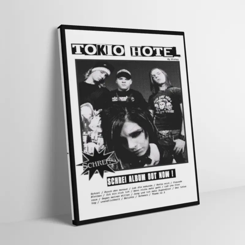 Tokio Hotel Bill Kaulitz Black and White Wood Framed Canvas Wall Art for Adult Fans, Mid-century Modern Black Flash Manga Wall, Y2K Y3K Aesthetic 1980s Retro Cinematic Poster for Grunge Music Fans Room Bedroom Decor