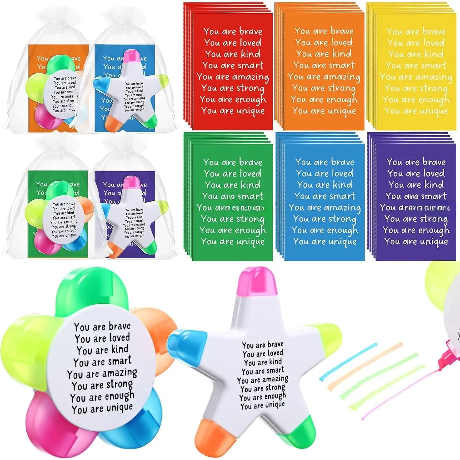 18 Sets  and Petal Highlighters with Mini Inspirational Notebooks Organza Bags 5 in 1 Fluorescent Pens Affirmation Gifts for  Welcome  Party Favors