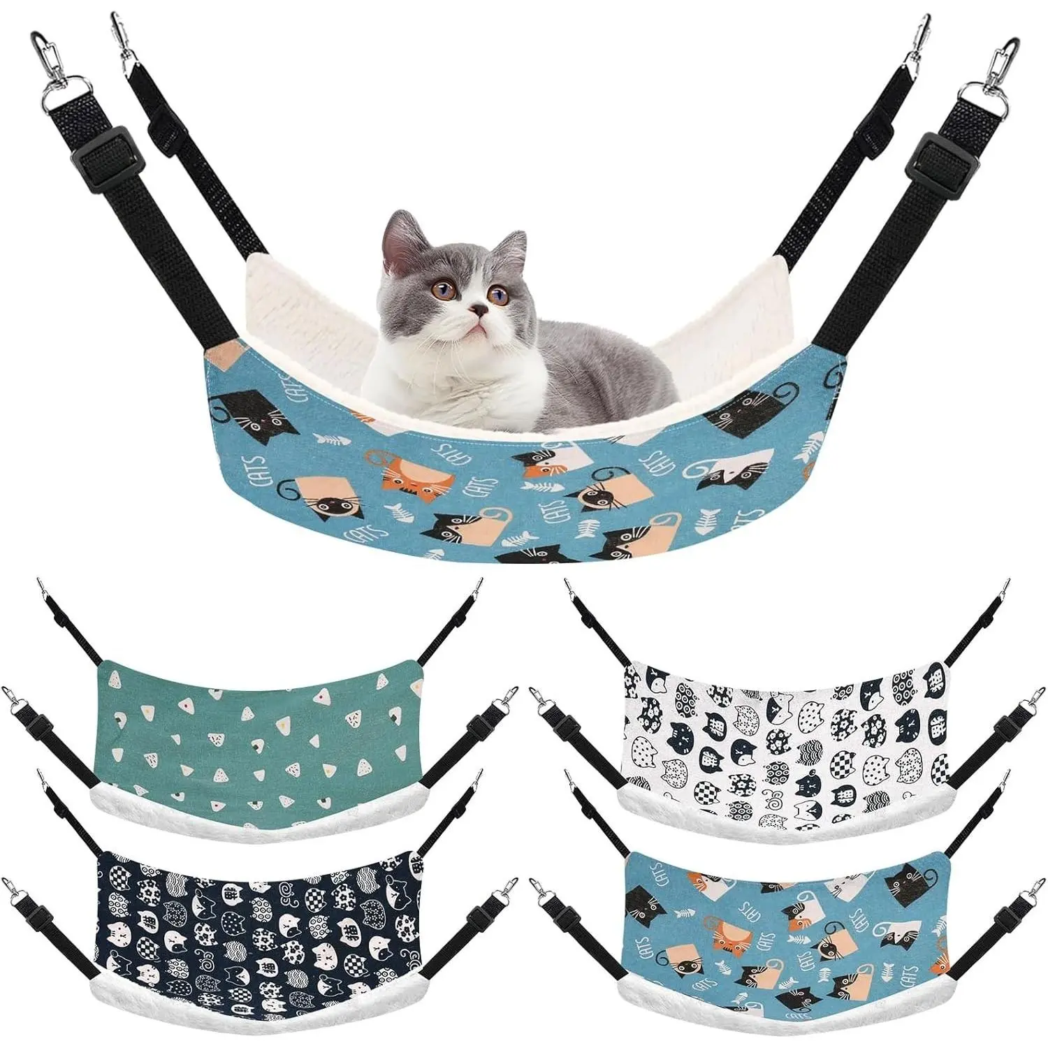 4 Pack Cat Hammock for Cage, Reversible Cat Hanging Hammock Soft Large Double Sided Pet Bed with Adjustable Straps & Metal Hooks for Cats Ferret Kitten Puppy Rabbits Small Animals