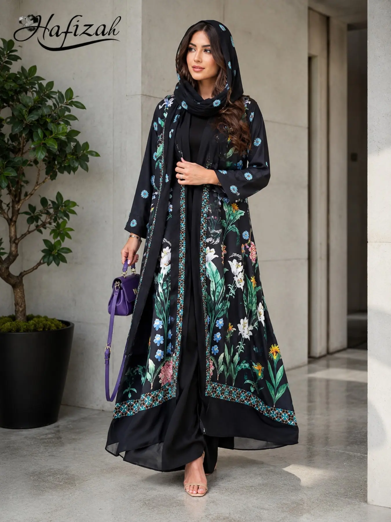 Women's Floral Abaya Long Coat, Matching Headscarf, Loose Fit Long Sleeve Muslim Elegant Outerwear, Dubai Style Long Robe