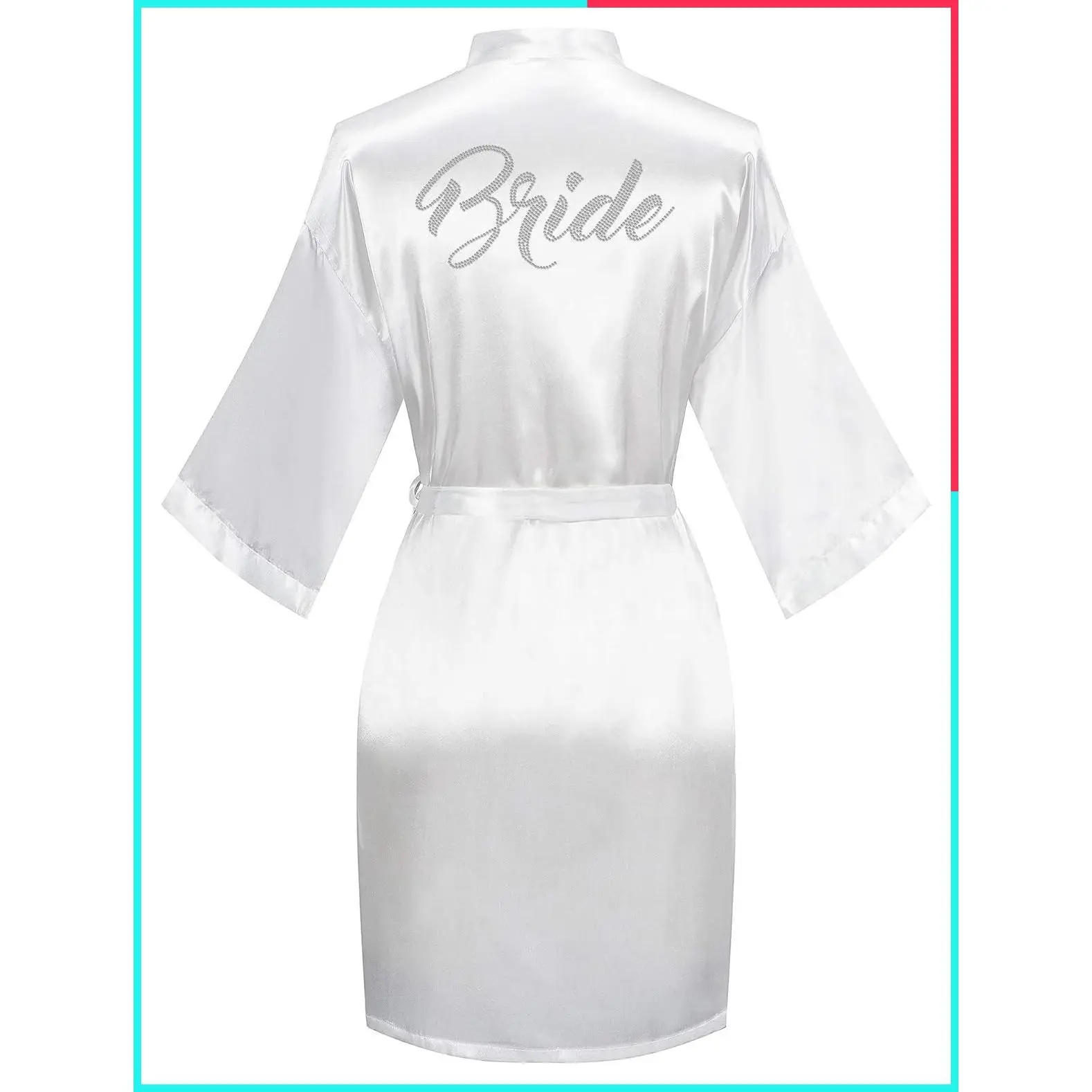 Women's Short Satin Kimono Robe with Silver Rhinestones, One Size - Bridal & Bridesmaid Getting Ready Bathrobe for Wedding Party