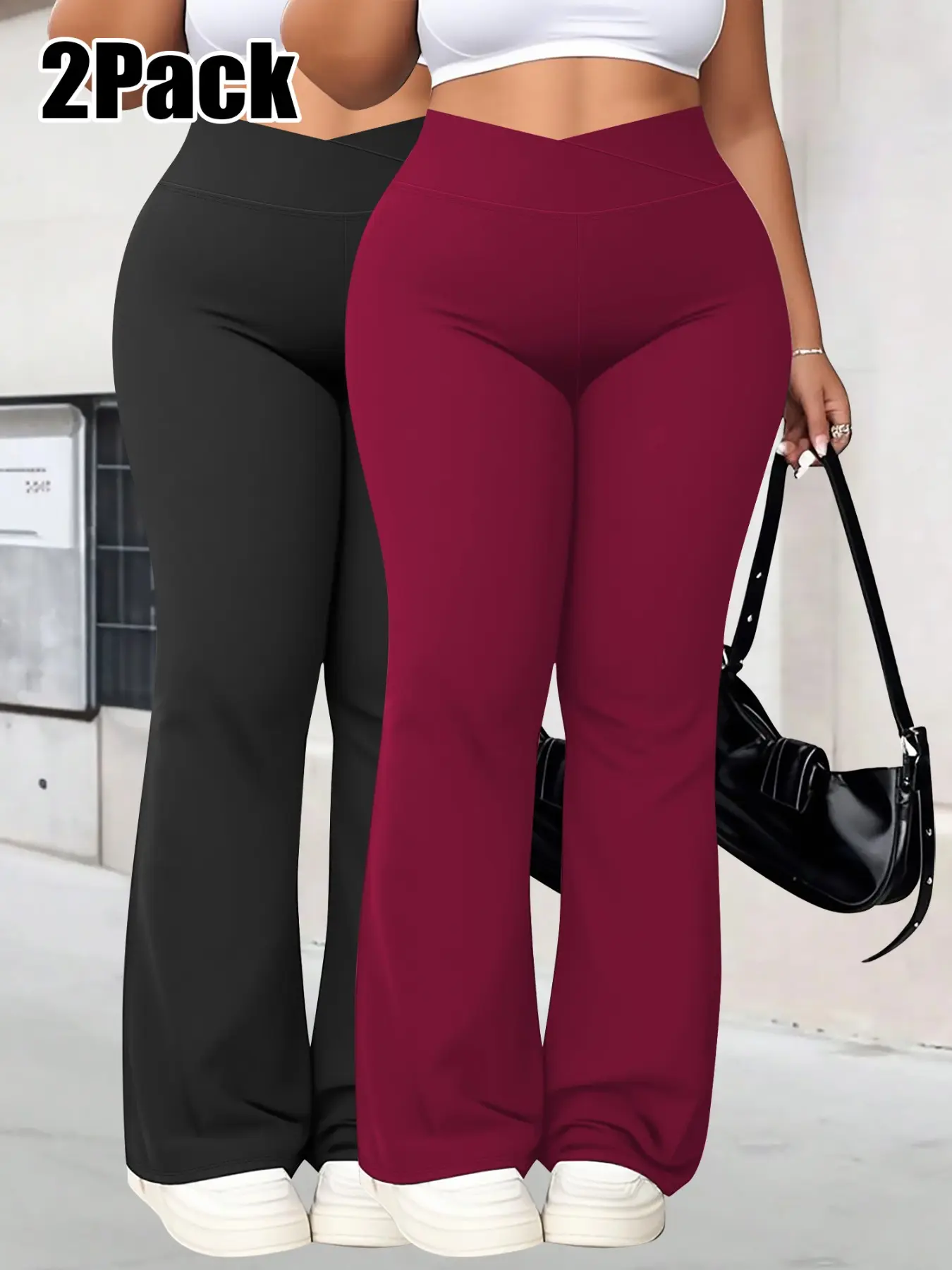 Two-Pack Plus Size Women's V-Neck Cross High-Waist Flare Yoga Pants, High Elasticity Micro Flare Tight Fit, Curvy Body Fitness Sport Wide Leg Long Pants