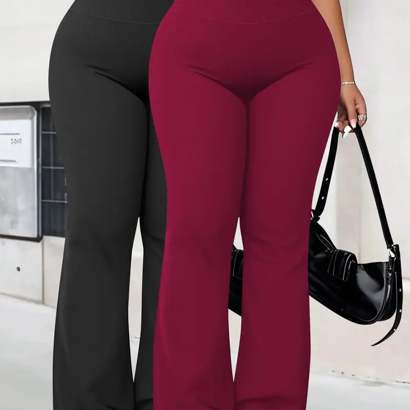 Two-Pack Plus Size Women's Cross High-Waist Flare Yoga Pants, High Elasticity Tight Fit, Curvy Body Fitness Sport Long Pants, Sportswear