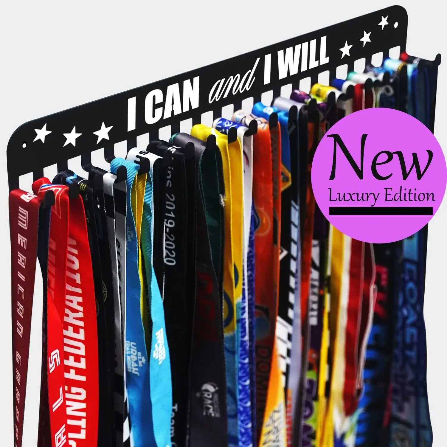 Medal Display Hanger Never Give Up with 20 Hooks,Medal Hanger Display For Wall with 16inchL,race medal display Upgraded Medal Holder display with Simple Design For gymanstics,race,soccer,swim