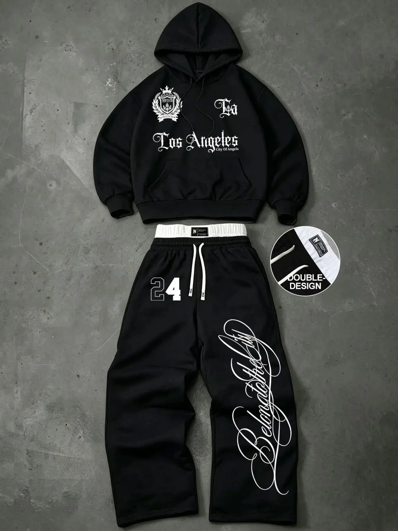 Men Black LA Crest Gothic Letter Print Pullover Hoodie Double Layer White Contrast Waistband Number 24 Side Chicano Cursive Print Wide Leg Sweatpants 2 Piece Set Loose Fit West Coast Y2K Hip Hop Streetwear Tracksuit For Street Shooting Daily Casual Outing
