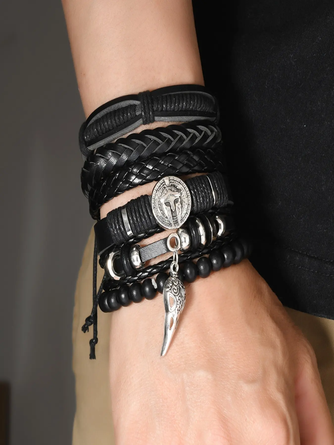 Men's 6-Piece Gothic Viking Leather Bracelet Set, Multi-Layer Cowhide Rope, Spartan Helmet & Raven Skull Charms, Punk Nordic Style Gift