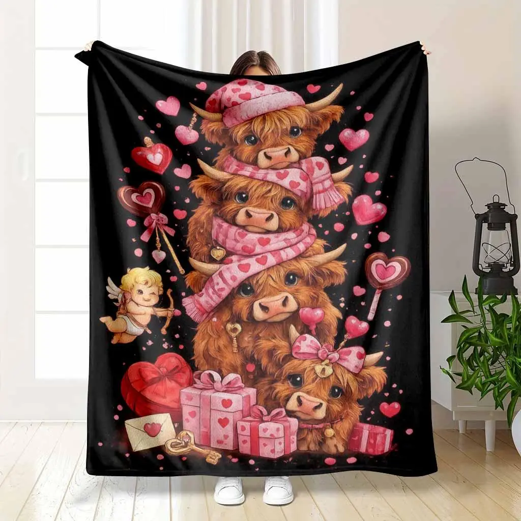 Highland Cow Flannel Fleece Blanket Romantic Heart Valentines Day Print Super Soft Lightweight Throw Warm Fuzzy Bedspread Cozy Decor For Bedroom Living Room Couch Travel Office Anniversary Gift