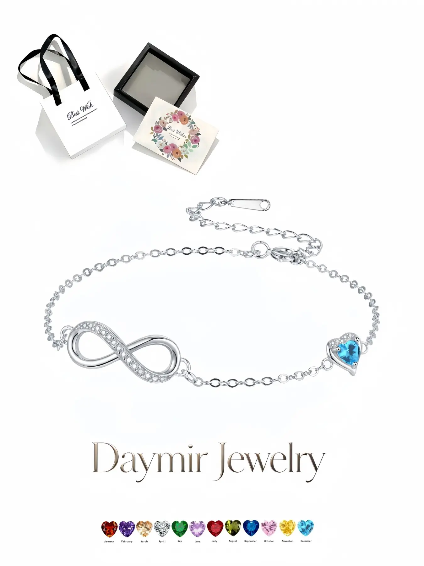 Endless Love Full Diamond Bracelet with 12 birthstone colors, shiny skin-flattering delicate jewelry for women. Matched with an elegant drawer jewelry box, perfect gifts for birthdays, Mother’s Day, Valentine’s Day, Christmas and anniversaries.