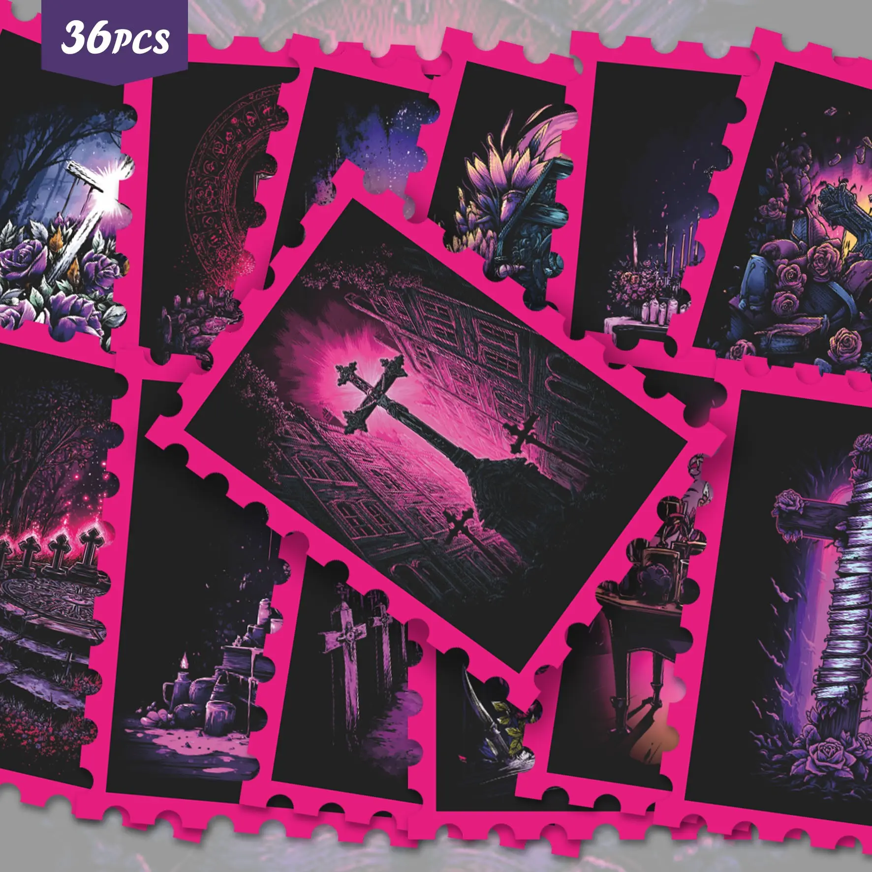 36pcs Hot Pink Gothic Cross Cemetery Stamp Stickers Pack | Dark Purple Rose Church Tomb Scene Graphics | Vinyl for Tablets, Water Bottles & Decor