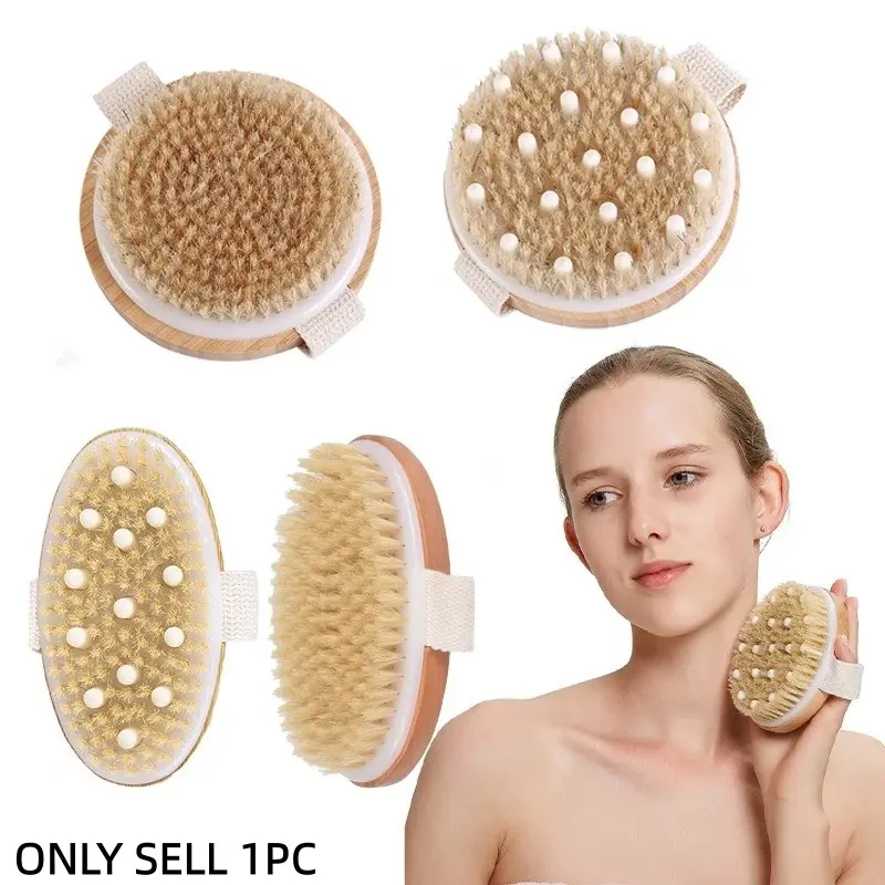 2 In 1 Dry Skin Body Massage Brush Natural Bristle Dead Skin Remover Anti Cellulite Exfoliates Blood Circulation Massage Tools Shower Brush
