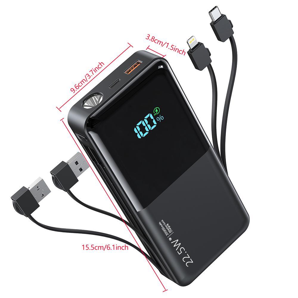 Portable Charger, 20000mAh SCP 22.5W & PD20W Fast Charging Phone Charger, Built-in Detachable USB-C & iOS Output Cable, Power Bank for iPhone Android Samsung