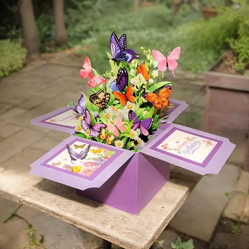 Butterfly Flower Card, 3D Pop-Up Birthday Gift Box, Warm Birthday Greeting, with Envelope, Friend Birthday Card, Party Gift, Pop Up Cards