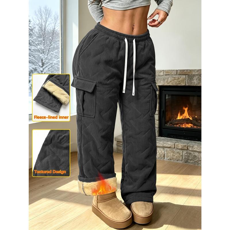 Women's Fleece Wide-Leg Cargo Pants – Comfy Textured Street Style, Multiple Functional Pockets, Warm for Indoor Wear or Snowy Outdoor Days