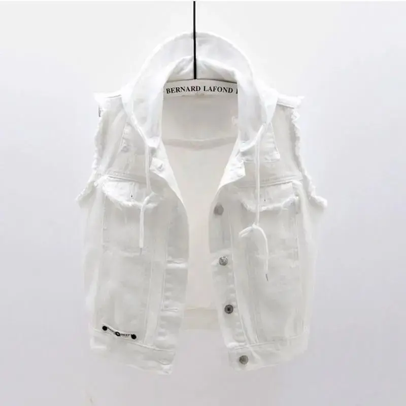 New Spring Autumn Women Fashion Hooded Denim Jacket Waistcoat White Black Vest Female Short Gilet Sleeveless Jeans Coat Tops Womenswear