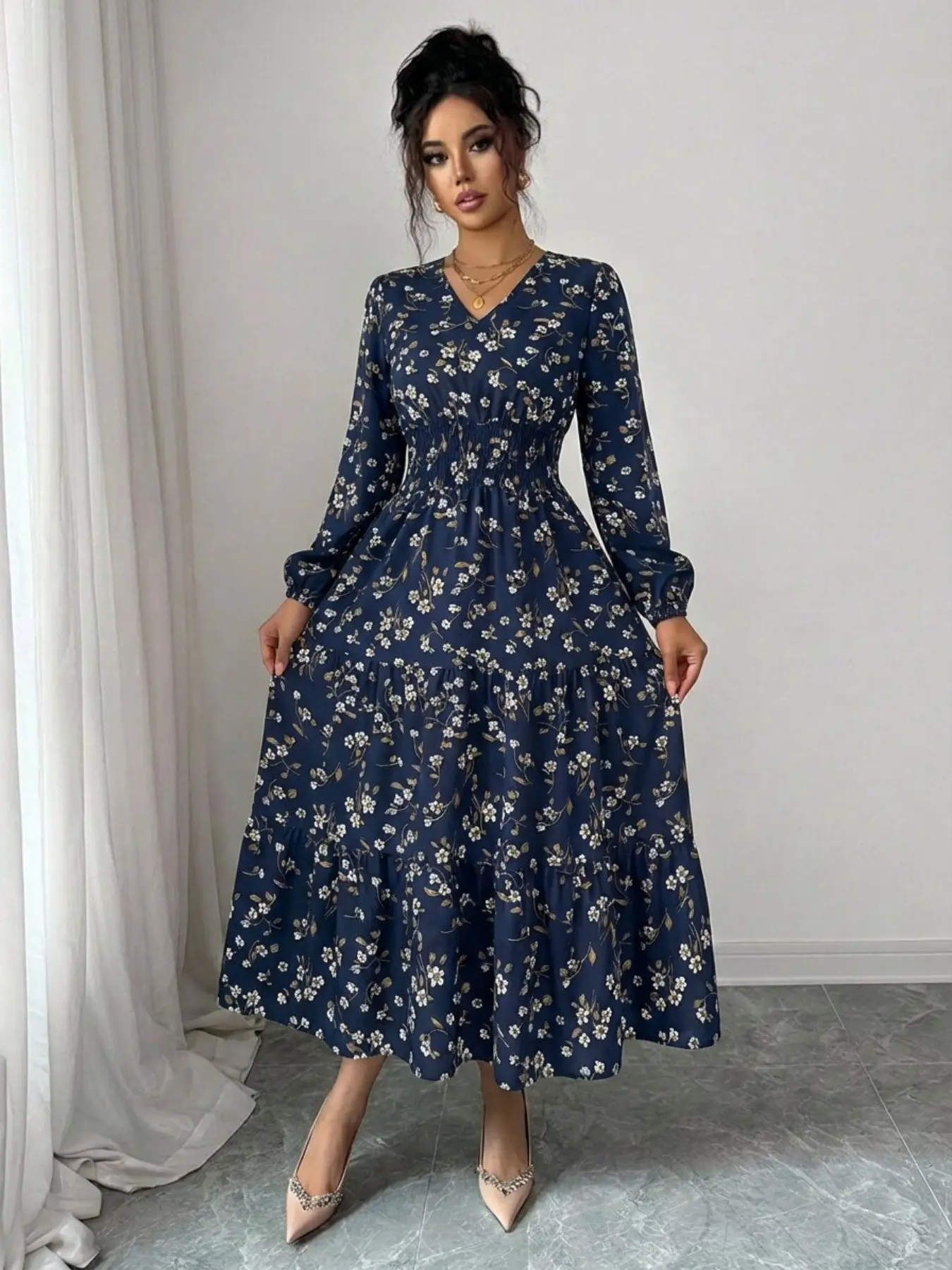 Spring Summer Long Sleeve V Neck Wrap Waist Ditsy Floral Leaf Edge Casual Vacation Midi Dress, Women's Fashionable Comfortable Clothing