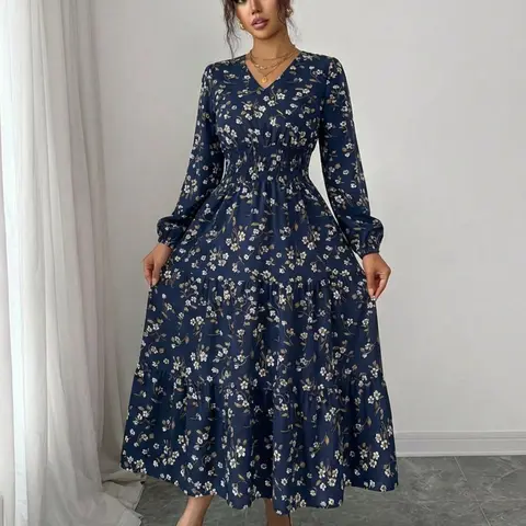 Spring & Summer Long Sleeve V-Neck Ditsy Floral Print Midi Dress, Shirred Elastic Waist, Tiered Ruffle Hem, Women's Fashionable Comfortable Clothing