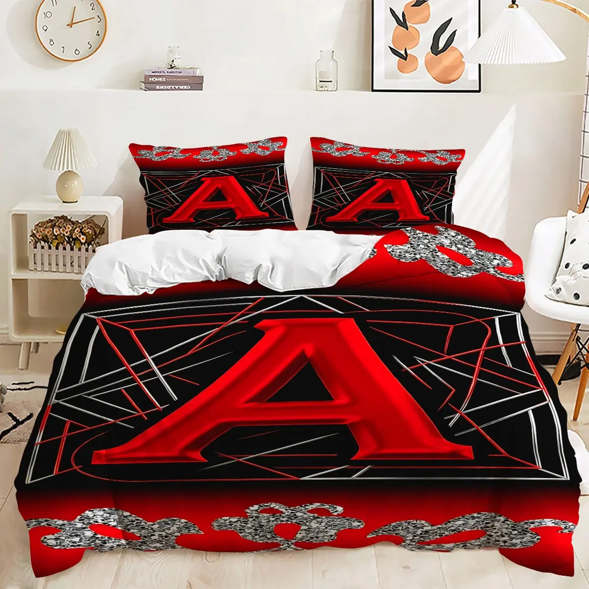Red Letter Geometric Pattern Duvet Cover Set, 2/3Pcs Digital Print Bedding Set, Machine Washable, Personalization Bedroom Decor, Gift for Like Minimalist Letter Lovers. 1 or 2 Pillowcase, No Filling