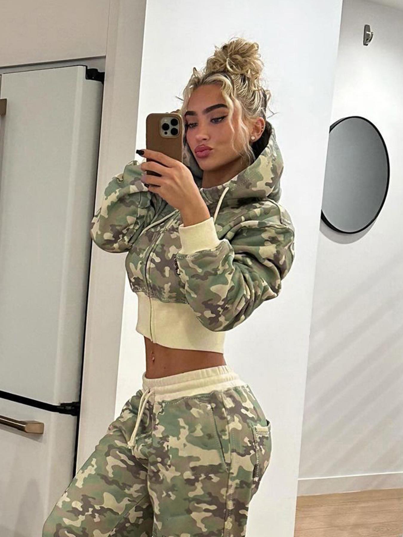 Women's Camouflage Print Zip Up Hoodie Jacket, Casual Long Sleeve Hooded Sweatshirt for Spring & Fall, Ladies Womenswear Clothes for Daily Wear