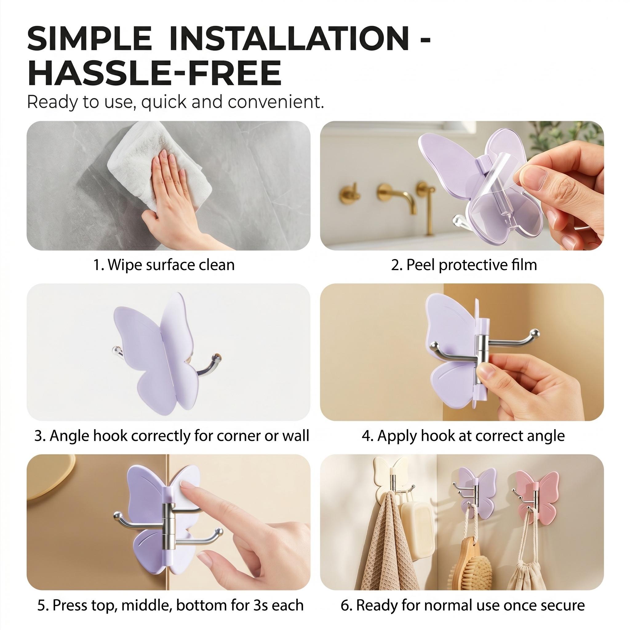【DealsForYouDays】4-Pack Punch-Free Butterfly Rotatable Corner Hooks, Multi-Angle Fit 90°/180°/270° Walls, 3 Swivel Hanging Rods Self Adhesive Wall Hook for Towels Hats Keys Hair Accessories-YY