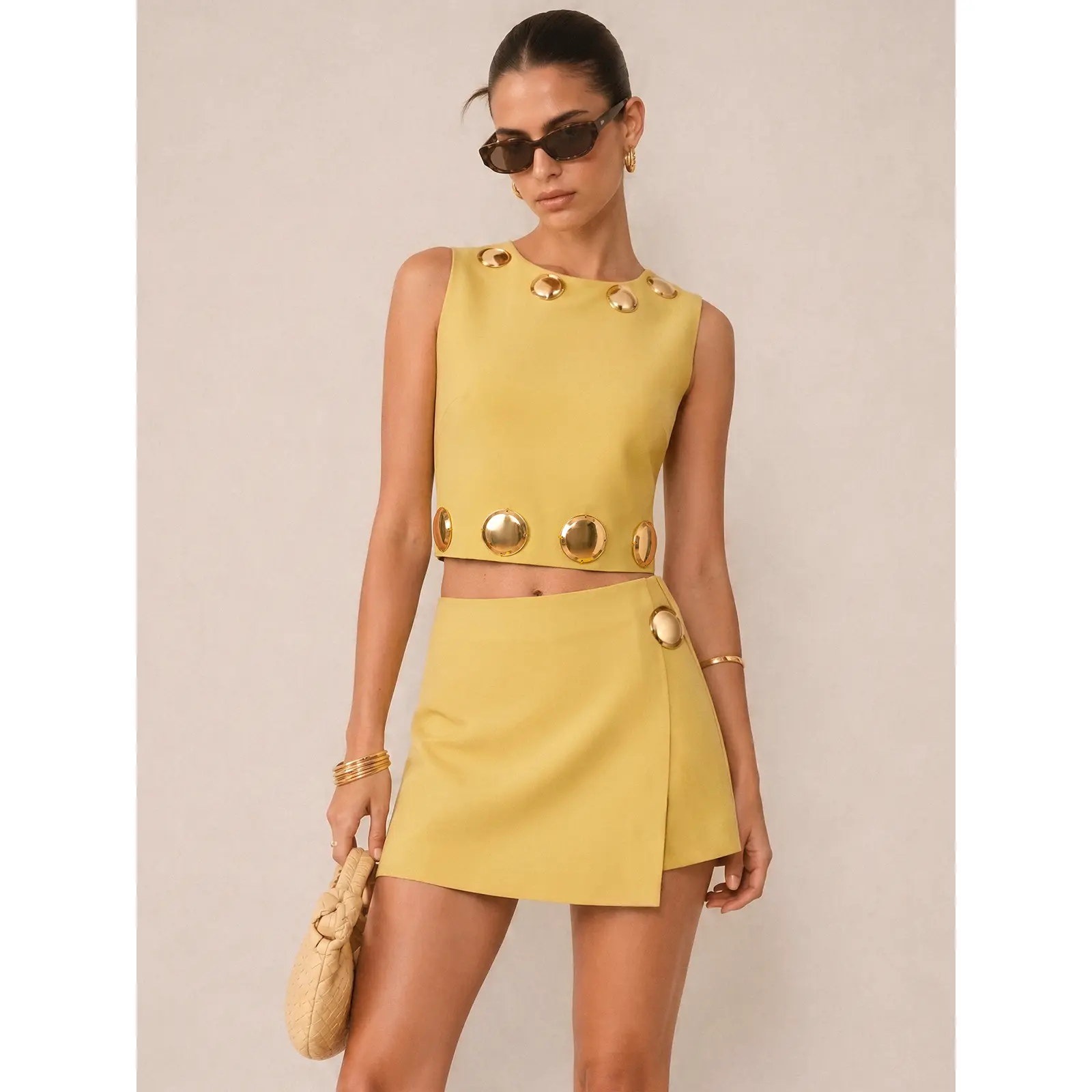 Metal Detail Sleeveless Crop Top & Mini Skirt Set