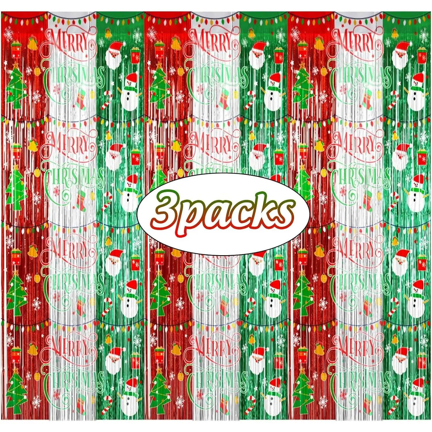 3 count Christmas Party Decorations Merry Christmas Foil Fringe Curtains for  & Adults Selfie Picture Backdrop Holiday Ugly Sweater Party Streamers Photo Booth Props Supplies Decor 3.3x6.6ft
