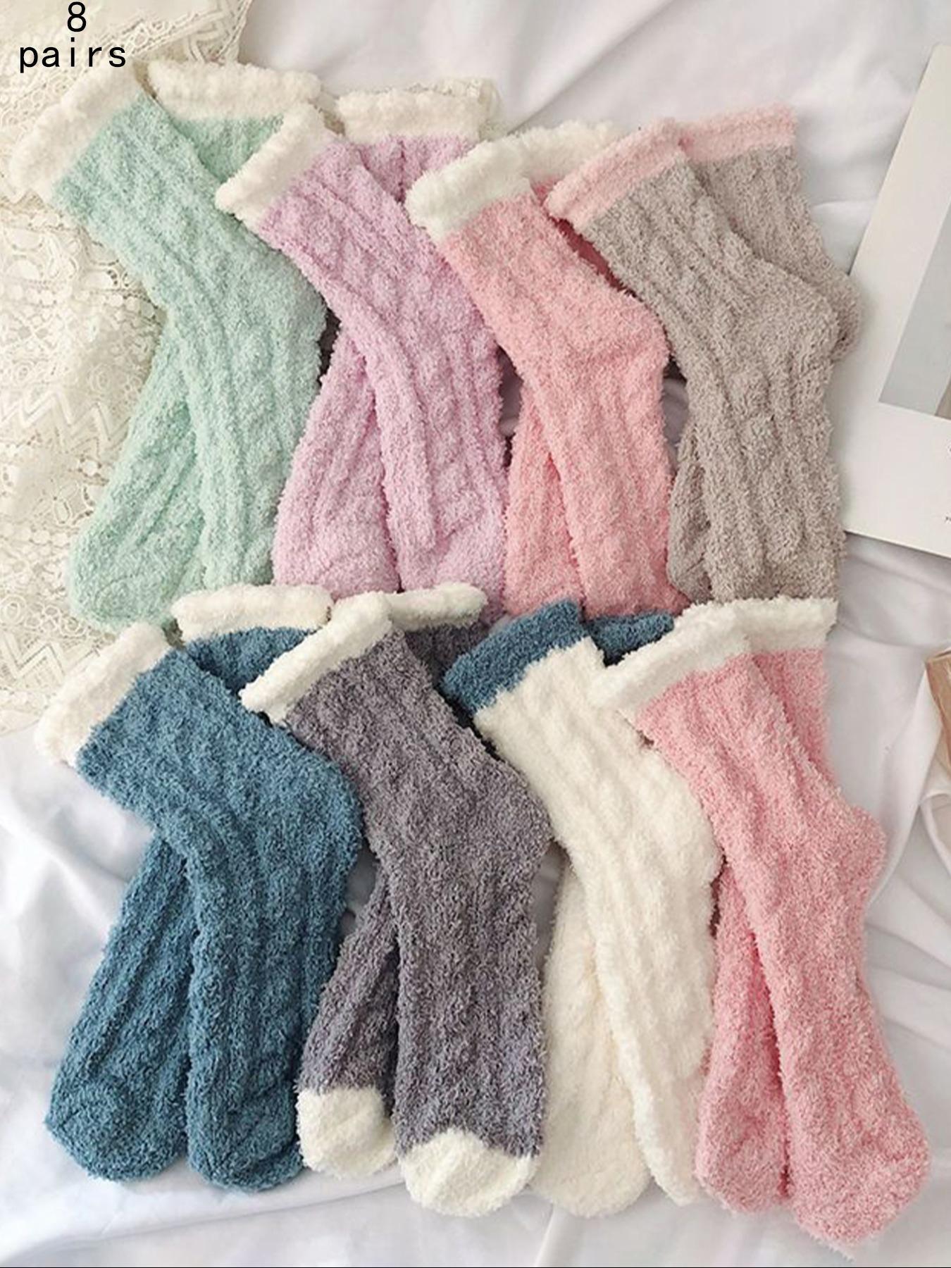 Women's Colorblock Fuzzy Fitted Crew Socks, Soft Comfy Warm Elegance Chic Mid-calf Socks for Fall & Winter, Polyester Women's Socks for Daily Wear, Cold Weather Gear Womenswear Lady