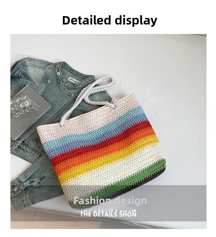2026 New Women Fashion Shoulder Bag Rainbow Striped Color Block Straw Bag Large Capacity Beach Bag for Vacation