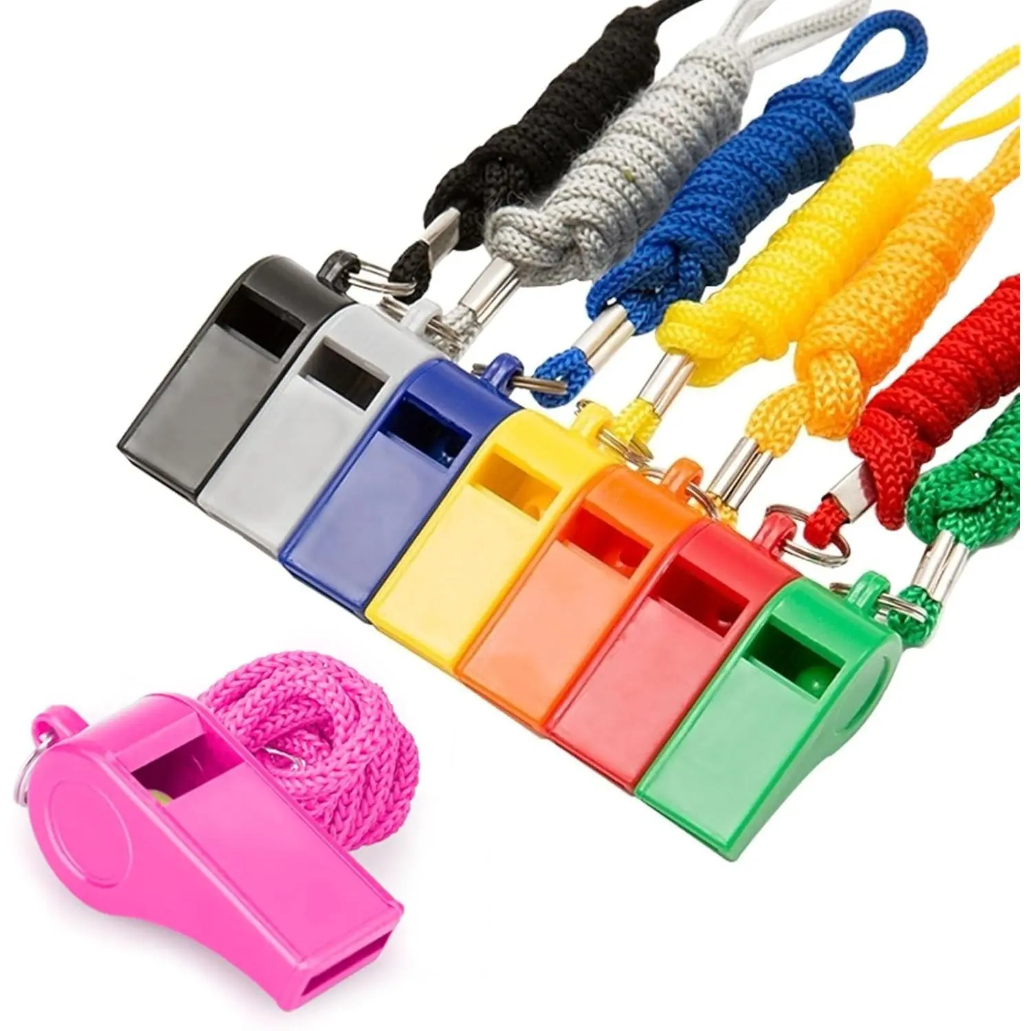 Plastic Whistle Set (8-Pack) with Lanyard - 120dB Loud Sound Bright Colored Emergency Whistles for Sports Coaches, Outdoor Activities