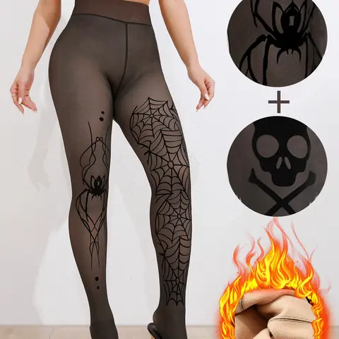 Women's Polka Dot & Spider Print Thermal Tights, Casual  Comfortable  Warm High Stretch Tights for Fall & Winter, Ladies Pantyhose for Daily Wear, Halloween