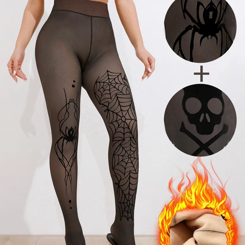 Women's Polka Dot & Spider Print Thermal Tights, Casual  Comfortable  Warm High Stretch Tights for Fall & Winter, Ladies Pantyhose for Daily Wear, Halloween
