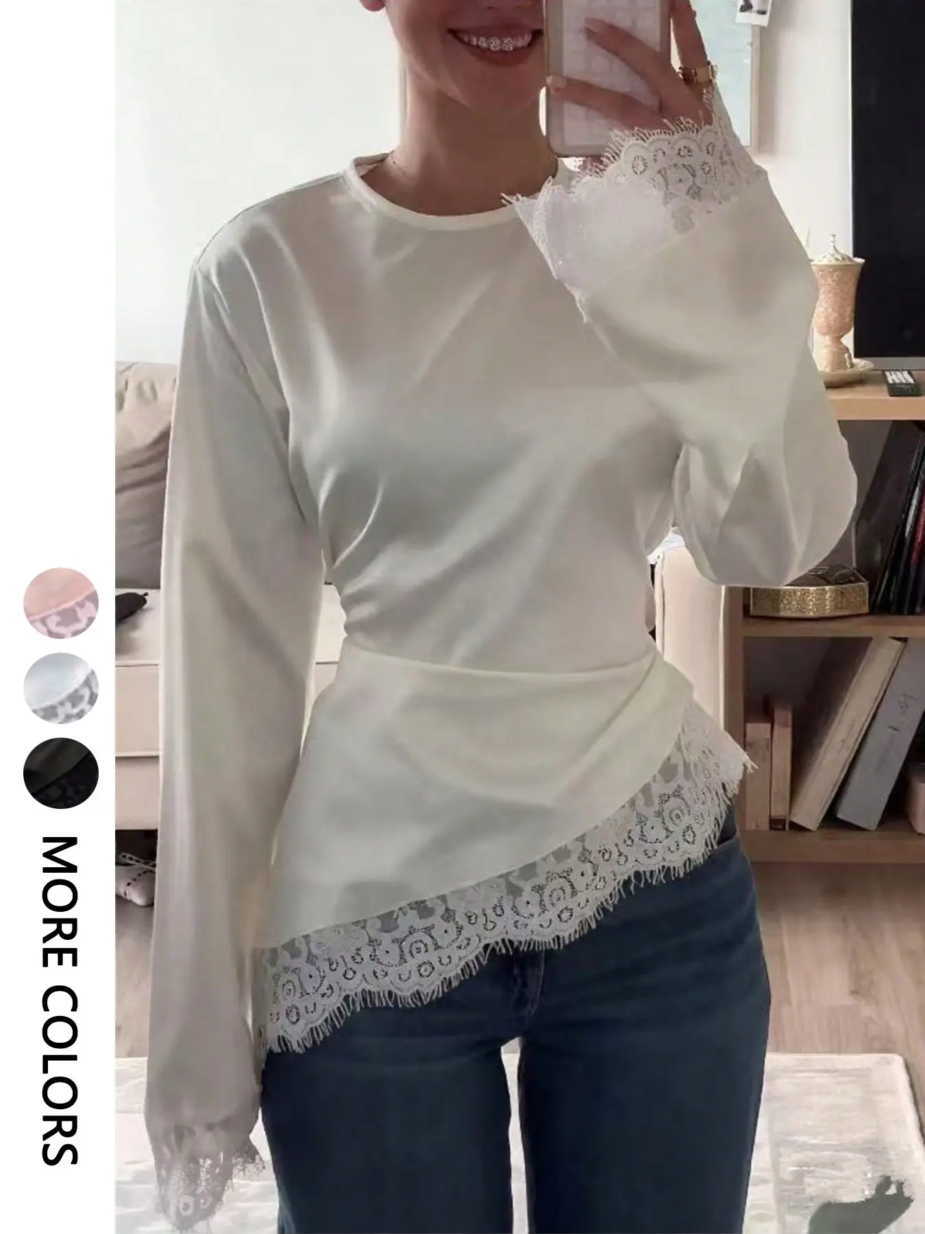 Women's Satin Shirt Blouses, Casual Bell Sleeve Patchwork Lace Asymmetrical Hem, Fashion Satin Long Sleeve Tie Waist Top, Stylish Women's Clothing