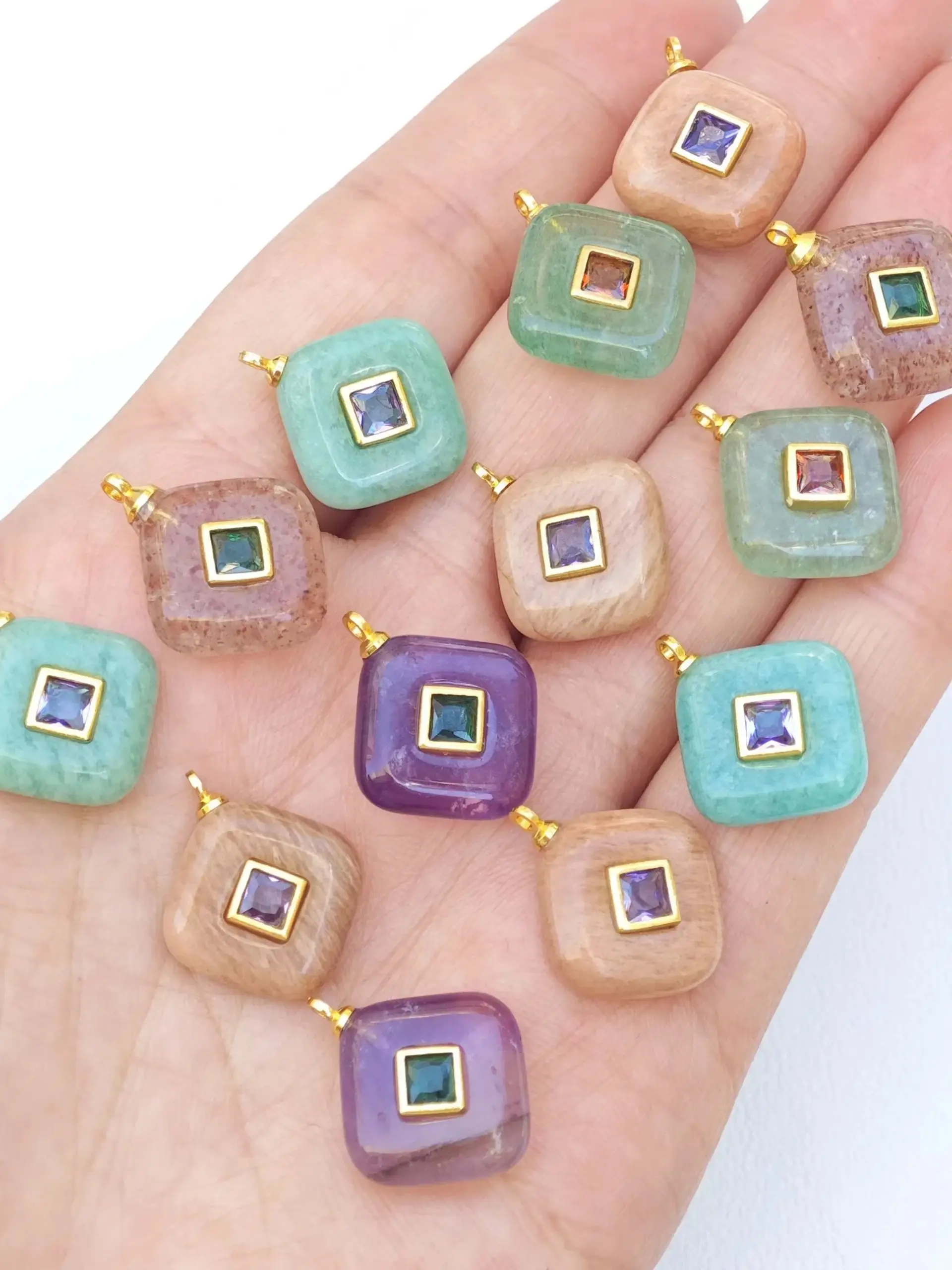Natural Stone Square Pendant, Amethyst Jewelry, Vintage Copper Zircon Necklace, Tiger Eye Pendant, DIY Earrings Accessory, Women's Minimalist Luxury