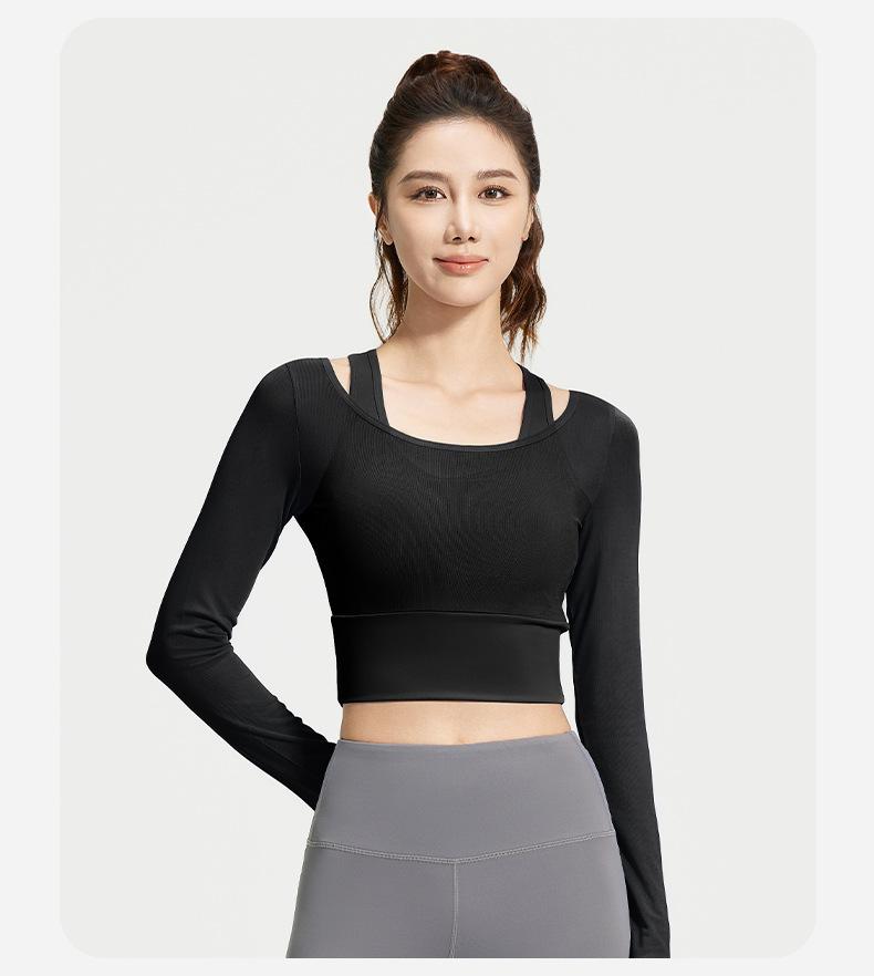 Women's Yoga Outfit for Spring and Autumn, Two-piece with Chest Pads, Long Sleeve Mesh Sheer Sports Top for Pilates Training and Fitness