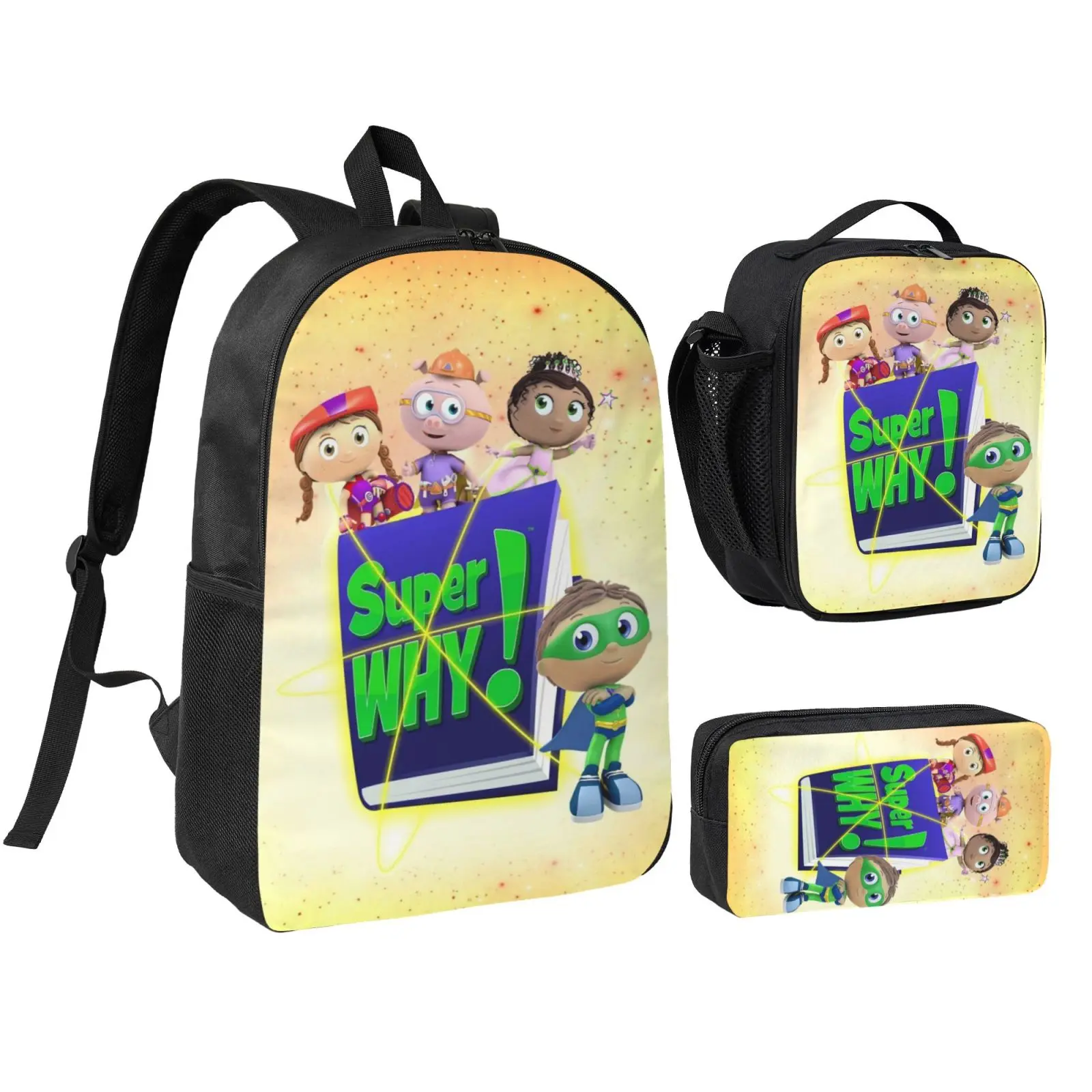 Anime Super Why1 Kids 3Pcs Multipurpose Teen Backpack Set with Adjustable Shoulder Straps, School Bookbag, Insulated Lunch Box & Pencil Bag for Boys Girls Daily School Travel Office