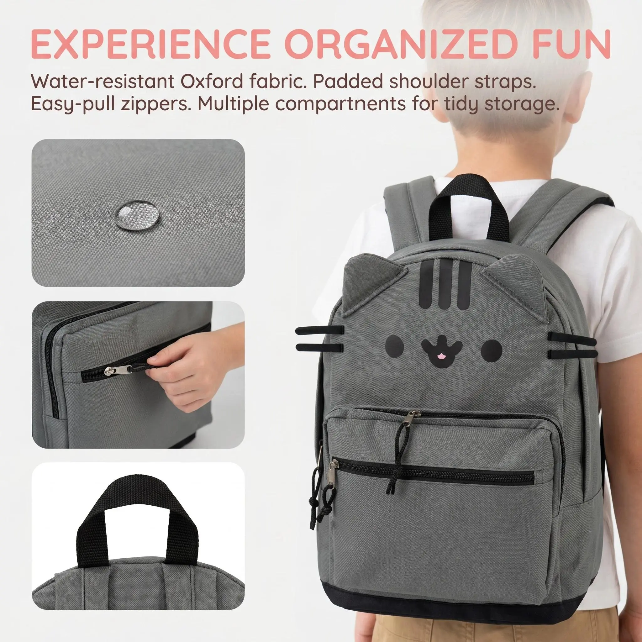 Pusheen-Style Cute Grey Cat Casual Lightweight School Backpack, Multi-Comp. Daypack with Padded Straps, Cute Look Backpack for Girls' Birthday Gift