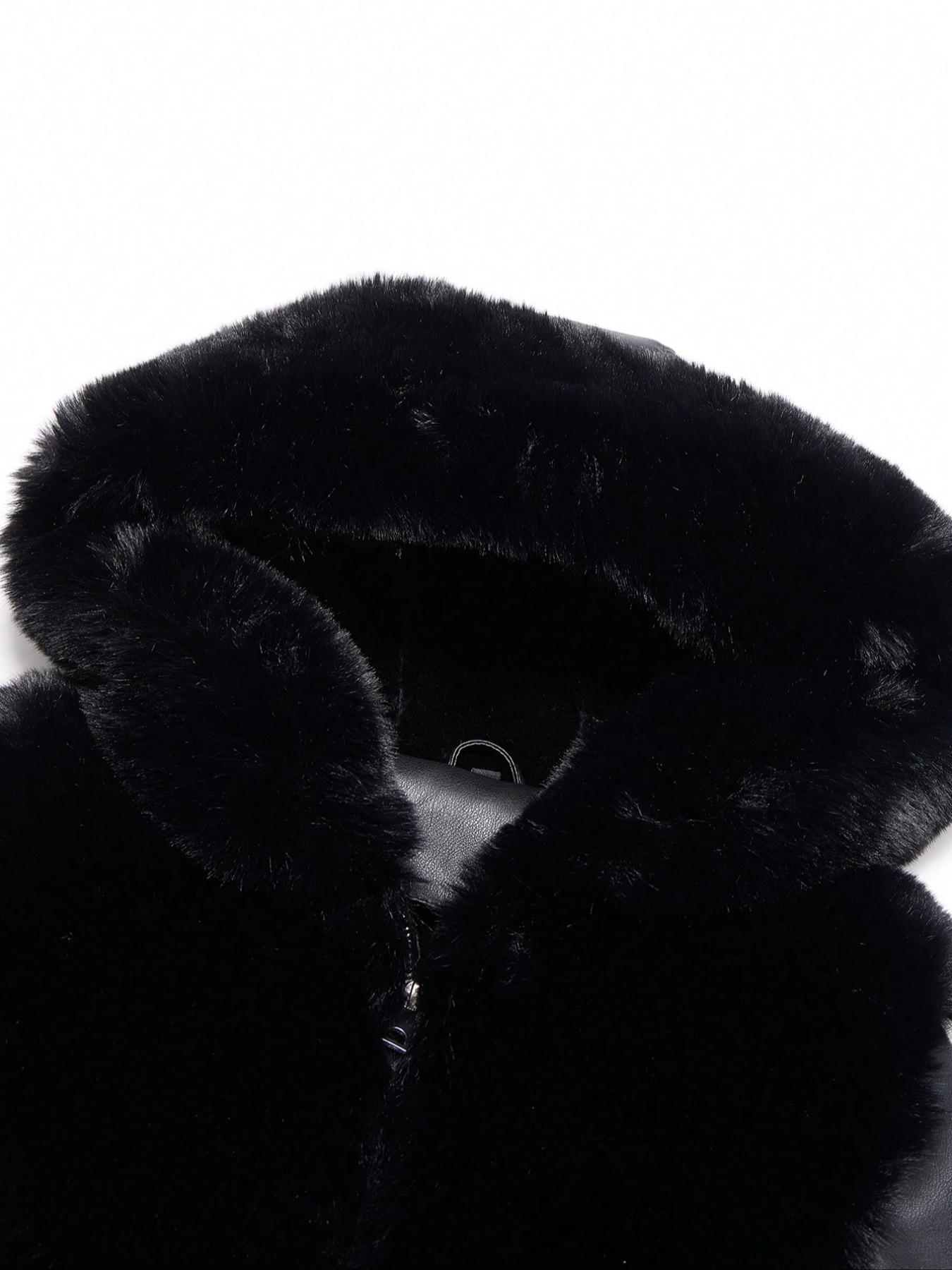 Women's Winter Faux Fur Coat with Belt, PU Patchwork Hooded Jacket, Elegant Casual Warm Waistcoat for Fall & Winter