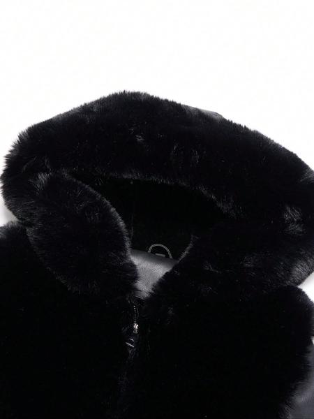 Women's Winter Faux Fur Coat with Belt, PU Patchwork Hooded Jacket, Long Sleeve Fitted Casual Warm Outerwear for Fall & Winter