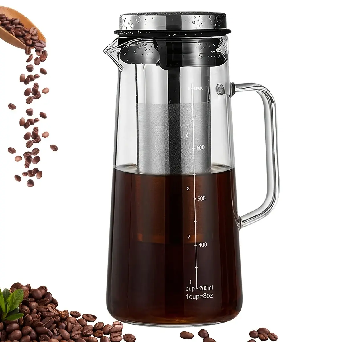 Cold Brew Coffee Maker 34/47oz, Airtight Glass Cold Brew Pitcher with Stainless Steel Fine Mesh Filter, Iced Coffee Maker & Tea Infuser, Borosilicate Glass Cold Brewing Pot for Iced Coffee, Tea, Juice, Lemonade - Dishwasher Safe