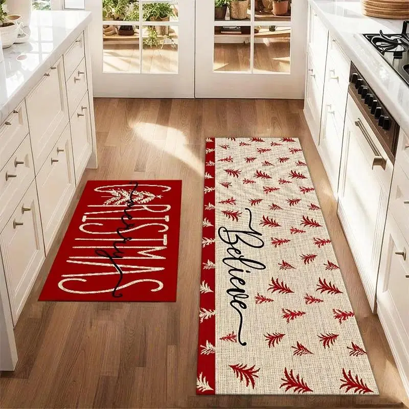 2Pcs Christmas Red Christmas Tree Floor Mat Set Farmhouse Kitchen Rug Dining Room Flooring Laundry Room Decor Carpet Mat Decorative Mats Home Decor Rugs Home Decorative Rug