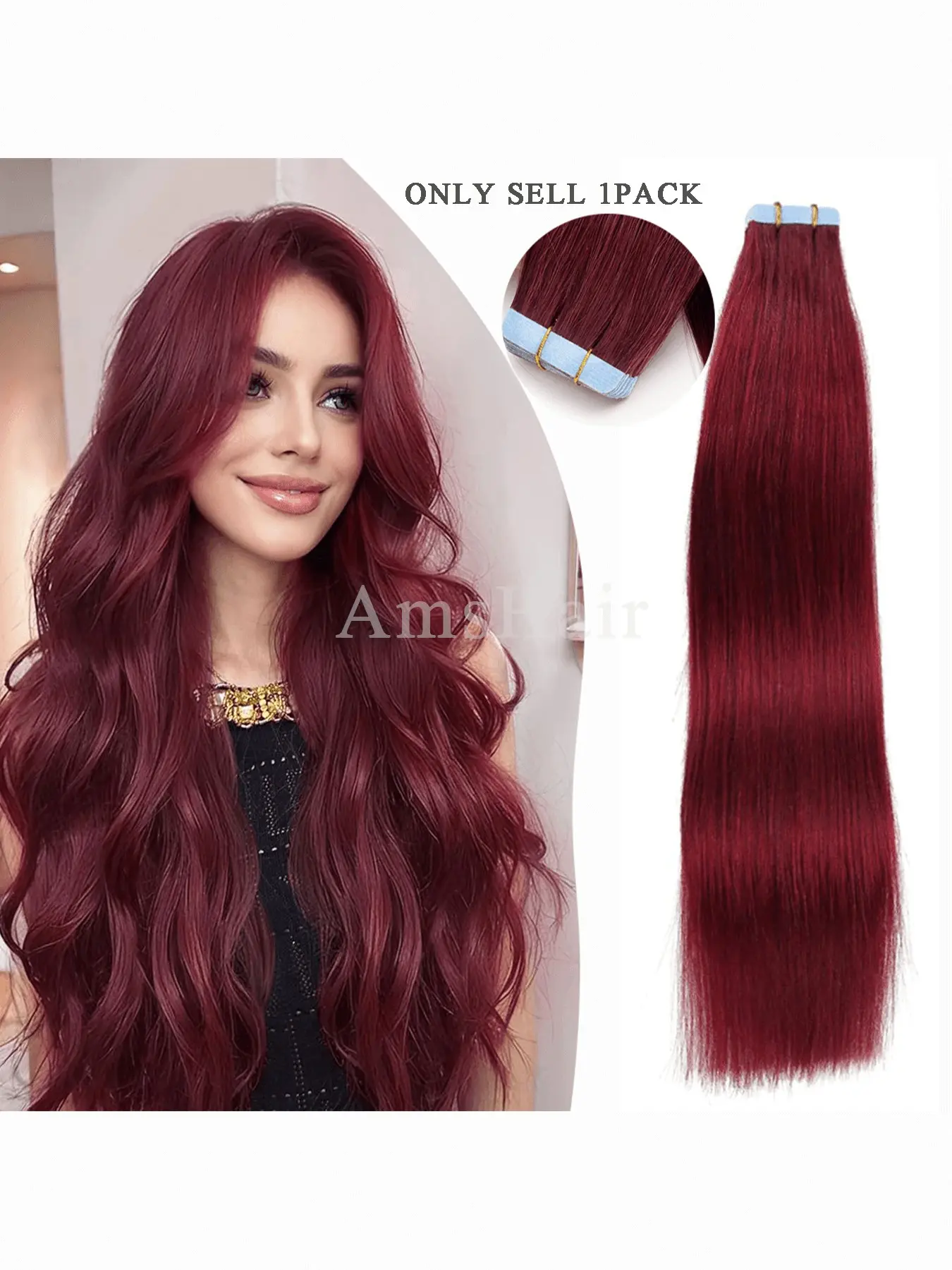Burgundy Real Human Hair Tape in Extensions, Silky Hair Extensions, European Grade Remy Straight Hair, Invisible Tape for Volume & Length, 20 Pieces