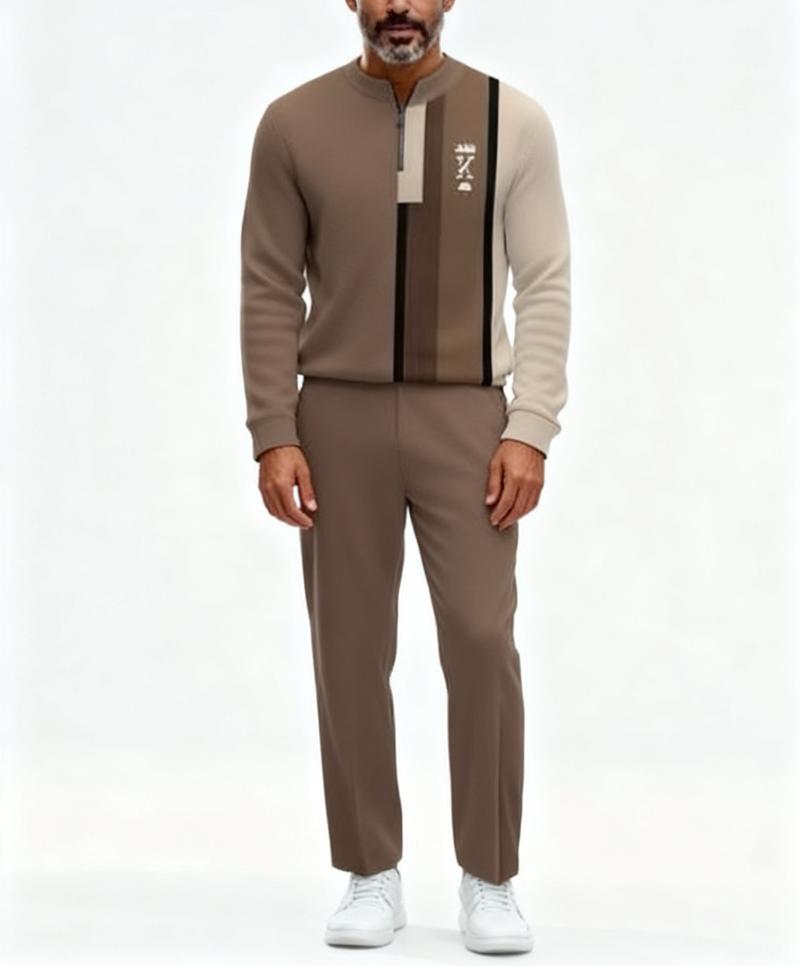 "New European and American men's sportswear set, featuring a half-zipper top paired with matching pants, and a trendy design with a sleeve patch featuring the number 5. The fabric is comfortable, suitable for daily street wear, casual commuting, and effor