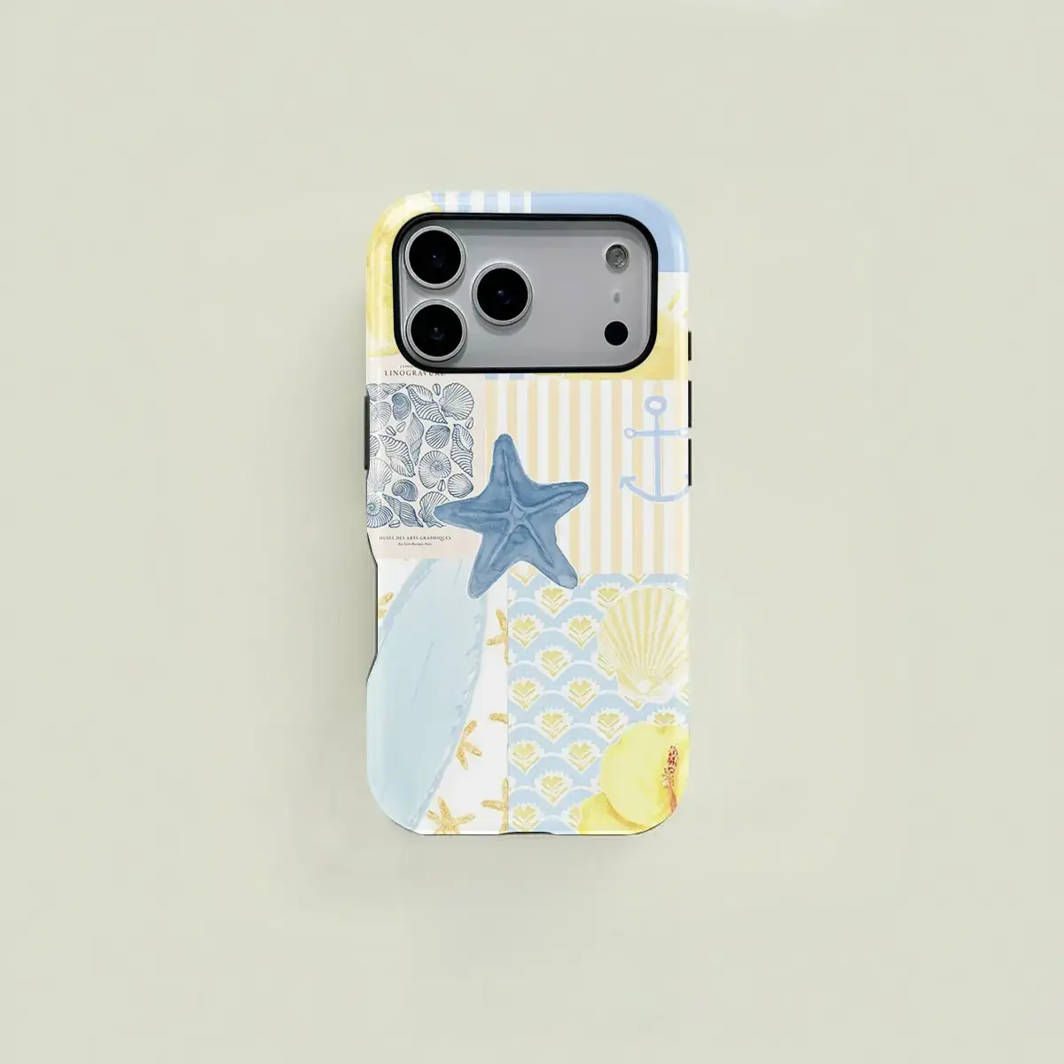 This dual-layer protective case features a blue and yellow watercolor-style starfish and seashell patchwork pattern. It's a durable 2-in-1 case compatible with iPhone 17/16/15/14/13/12/11 Pro Max/Plus/Pro and Samsung Galaxy S26/S25/S24/S23/S22/S21 .