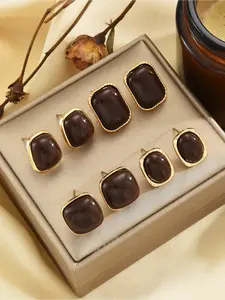 8PCS Women's Brown Amber-Pattern Gold-Frame Earring SetSquare Geometric Design Retro Elegant StyleVersatile for Daily Commute, Dates & GatheringsMulti-Scene Wear Exquisite Accessories