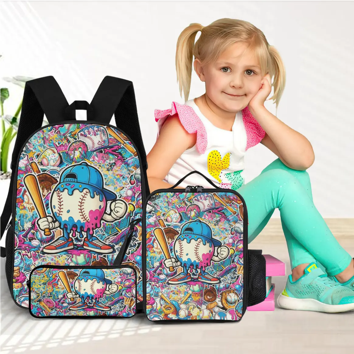 3-piece set for children, boys, and teenagers, backpack for boys and girls, lunch bag, pencil case, back to school gift, drip baseball enthusiast backpack set, durable and personalized 3-piece set