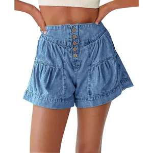Womens Summer Flowy Jean Shorts Button Up High Waisted Wide Leg Denim Skort with Pockets(Gift)