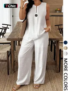 Women's V-Neck Sleeveless Top + Loose Fit Long Pants Set, Casual Chic Comfortable for Daily Wear, Beach Essential Clothing Set