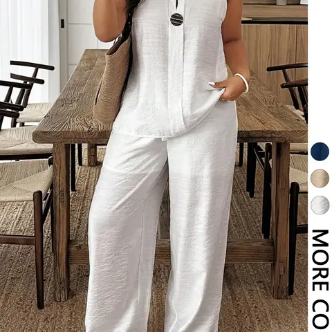 Women's V-Neck Sleeveless Top + Loose Fit Long Pants Set, Casual Chic Comfortable for Everyday Wear, Beach Essential Clothing Set, Summer Beach Set