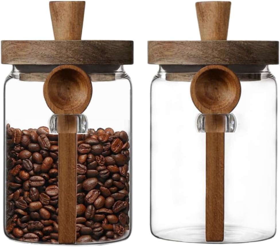 MIUVA Set of 4 Coffee Jars, Tea Canister Glass Food Storage Jar with Wood Lid and Spoon Airtight Sealed Clear Canister Kitchen Storage Jar Container for Coffee Bean Loose Tea Nuts Coffee Sets Stock Up Value Pack Spring Kitchen Gadgets