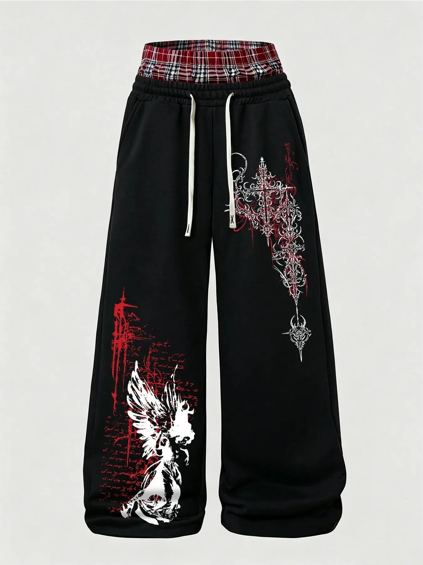 Men's Wide‑Leg Baggy Sweatpants, Plaid Fake Waistband, Gothic Angel Cross Graphic Print, Drawstring Elastic Waist, Y2K Hip Hop Streetwear, For Festival Daily Wear Fall Winter