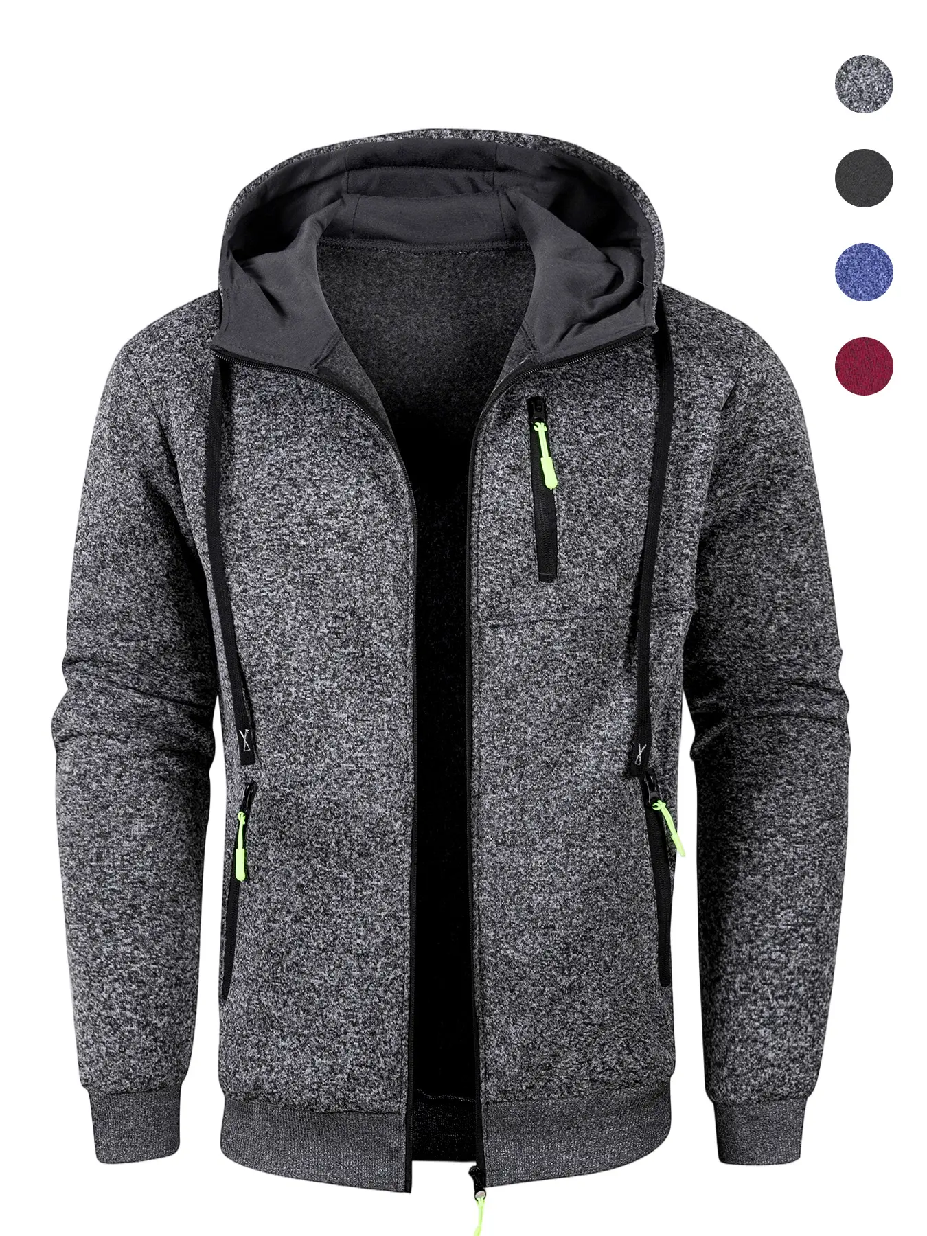 Men's Casual Autumn Winter Jacket, Men's Mixed Yarn Hooded Jacket - Fleece Lined Zip-Up Coat with Contrast Zipper & Embroidered Drawstring Tips, Multi-Pocket Warm Outerwear for Leisure Fishing, Gift for Him